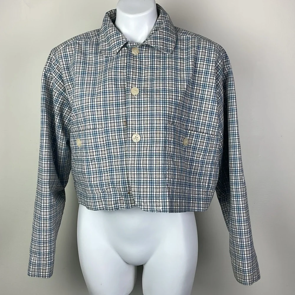 Vintage Esprit Sport Cropped Blazer Jacket Blue Plaid - Picture 3 of 14